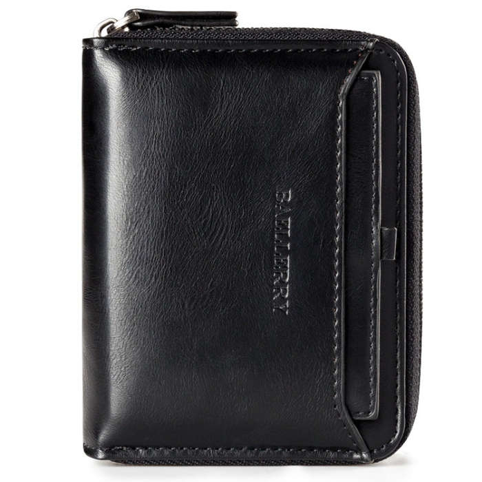 Baellerry D3124 Short PU Leather Wallet Zipper Retro Youth Small Wallet, Black Horizontal, Black ...