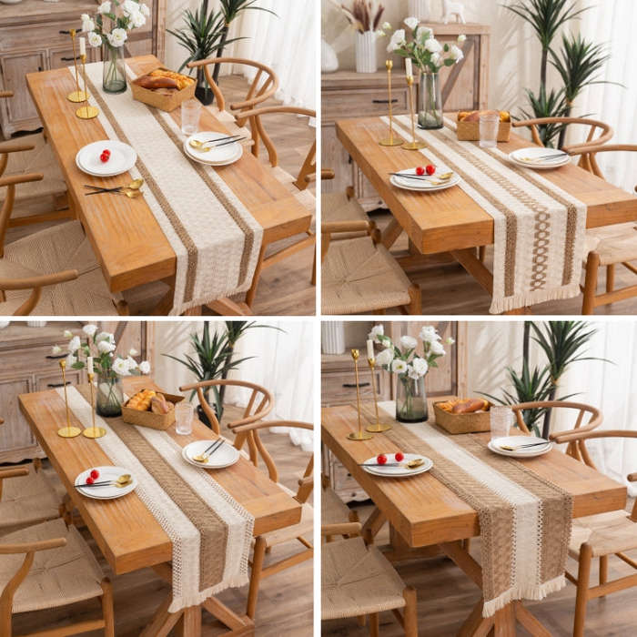 Cotton and Linen Woven Colorblock Tassel Striped Rhombus Table Runner, 30x120cm, 30x140cm, 30x160...