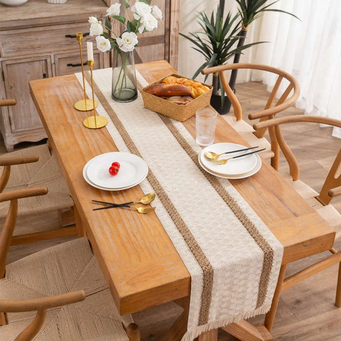 Cotton and Linen Woven Colorblock Tassel Striped Rhombus Table Runner, 30x120cm, 30x140cm, 30x160...