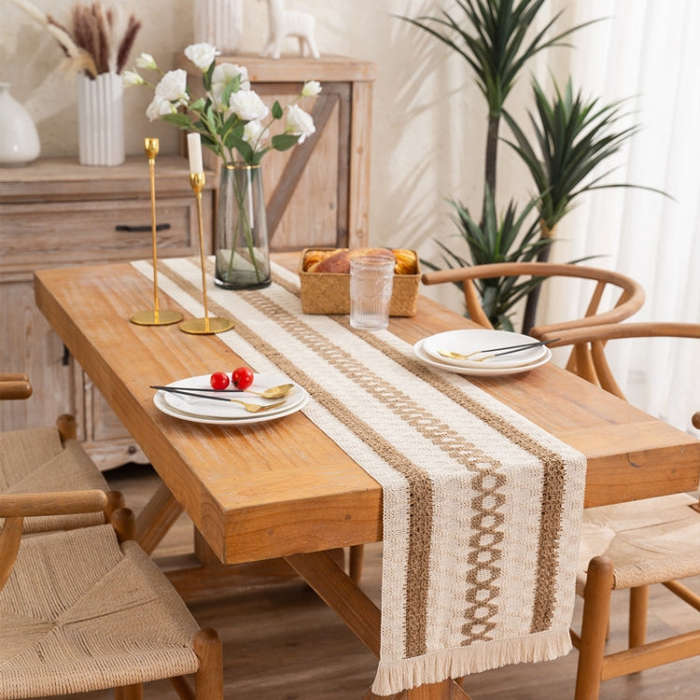 Cotton and Linen Woven Colorblock Tassel Striped Rhombus Table Runner, 30x120cm, 30x140cm, 30x160...