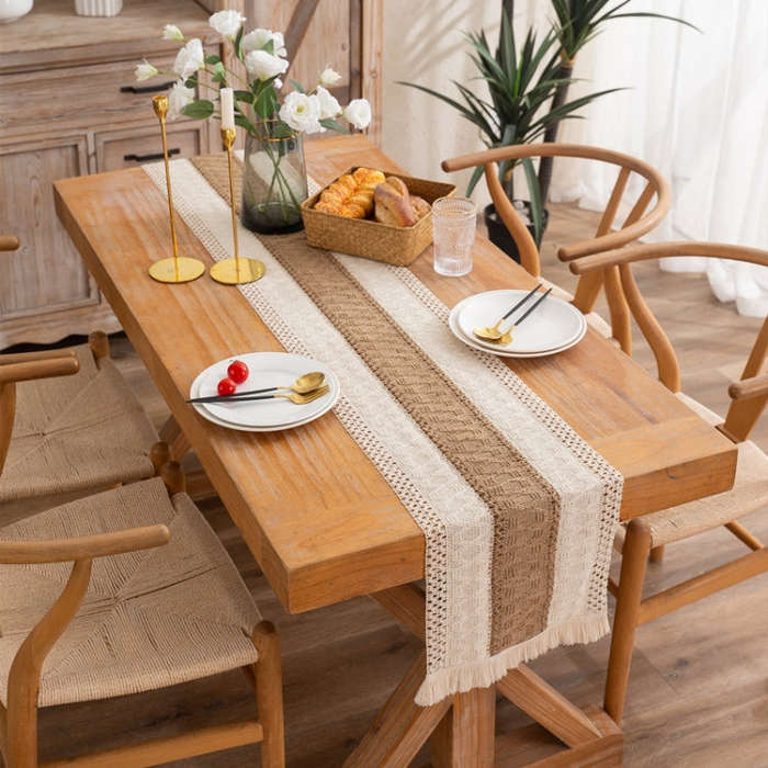 Cotton and Linen Woven Colorblock Tassel Striped Rhombus Table Runner, 30x120cm, 30x140cm, 30x160...