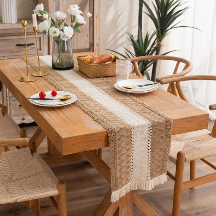Cotton and Linen Woven Colorblock Tassel Striped Rhombus Table Runner, 30x120cm, 30x140cm, 30x160...