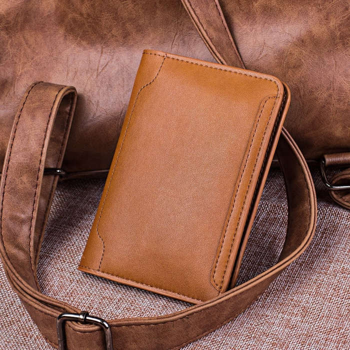 Men Wallet Cowhide Passport Bag Ticket Holder Multifunctional Card Holder, Black, Brown