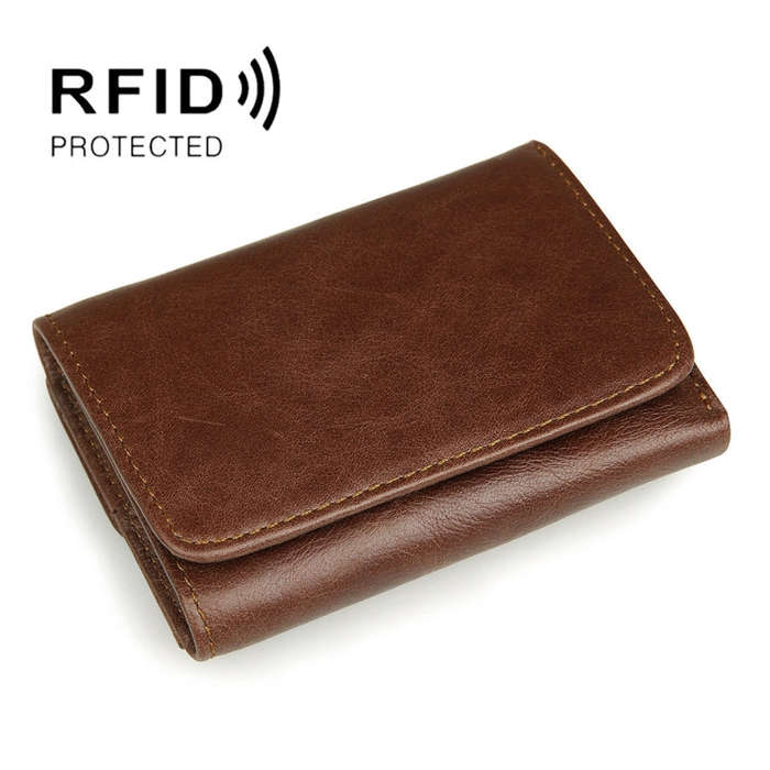 Men Casual Retro RFID Blocking Anti-Scanning Cowhide Leather Short Wallet, Coffee, Chocolate Colo...