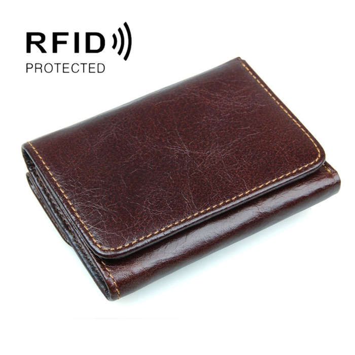 Men Casual Retro RFID Blocking Anti-Scanning Cowhide Leather Short Wallet, Coffee, Chocolate Colo...