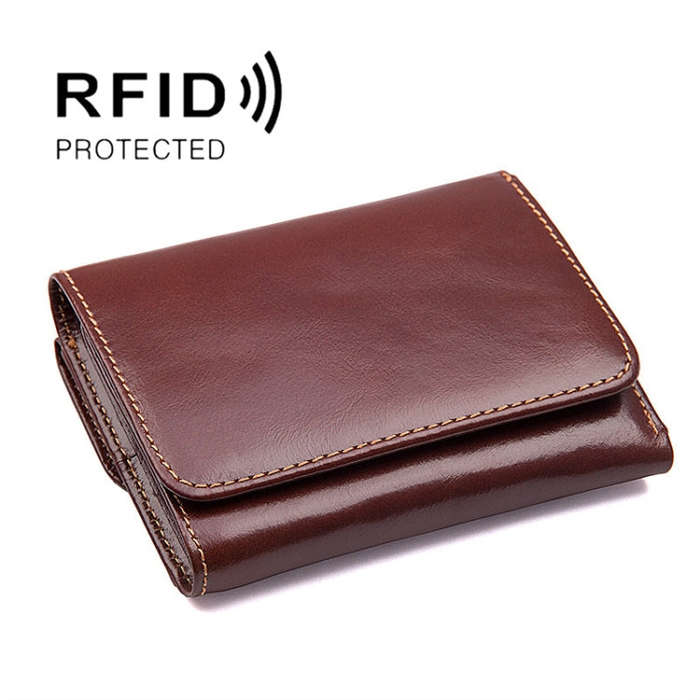 Men Casual Retro RFID Blocking Anti-Scanning Cowhide Leather Short Wallet, Coffee, Chocolate Colo...