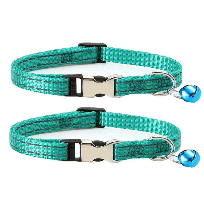 2 PCS Night Reflective Nylon Cat Collar With Bell, No Carving Green, No Carving Sky Blue, No Carv...