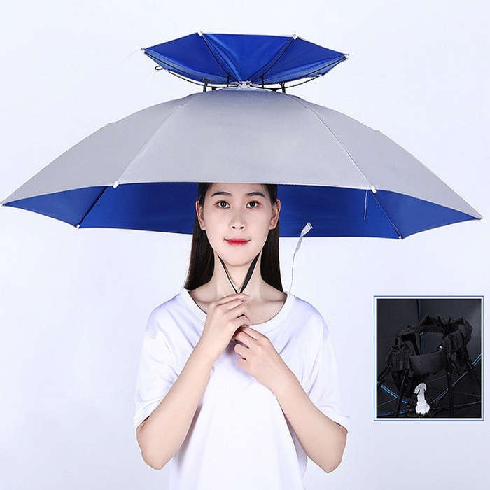 Double-layer Fishing Umbrella Hat Outdoor Sunscreen And Rainproof Folding Umbrella Hat, 95 Blue (...