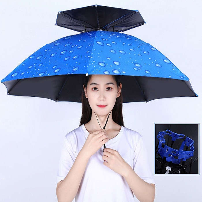 Double-layer Fishing Umbrella Hat Outdoor Sunscreen And Rainproof Folding Umbrella Hat, 95 Blue (...