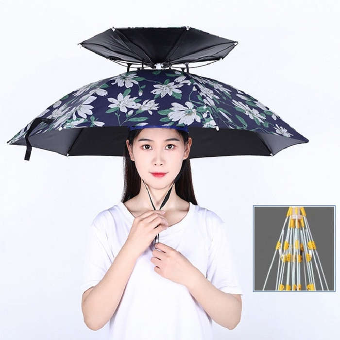 Double-layer Fishing Umbrella Hat Outdoor Sunscreen And Rainproof Folding Umbrella Hat, 95 Blue (...