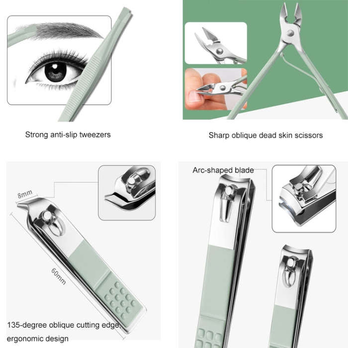 Nail Art Tool Set Nail Clippers Dead Skin Scissors Manicure Tool, 12 In 1 Matcha Green, 12 In 1 C...