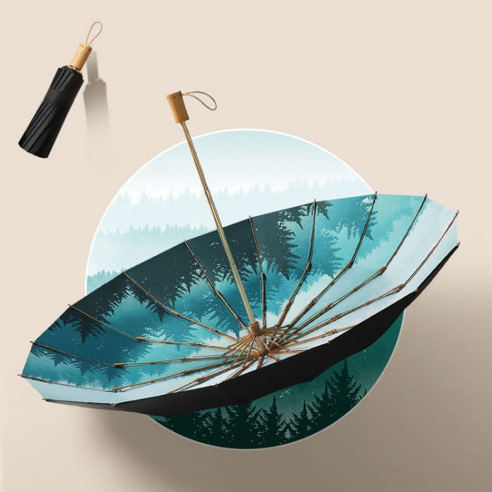 Retro Tri-Fold Wooden Handle 16-Bone Folding Sunscreen Parasol, Yunchun Tree, Sunset Mountains, J...