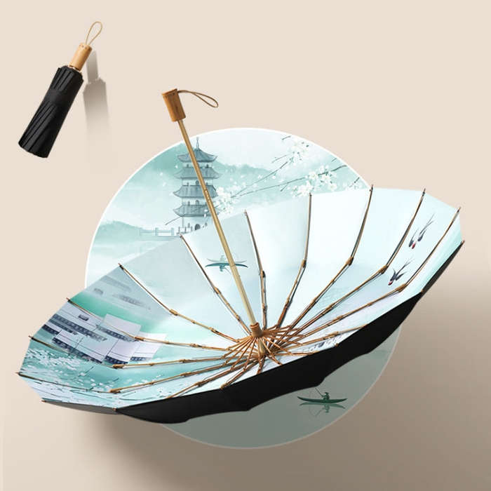 Retro Tri-Fold Wooden Handle 16-Bone Folding Sunscreen Parasol, Yunchun Tree, Sunset Mountains, J...