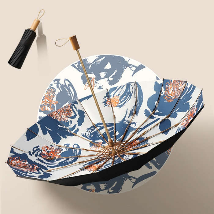 Retro Tri-Fold Wooden Handle 16-Bone Folding Sunscreen Parasol, Yunchun Tree, Sunset Mountains, J...