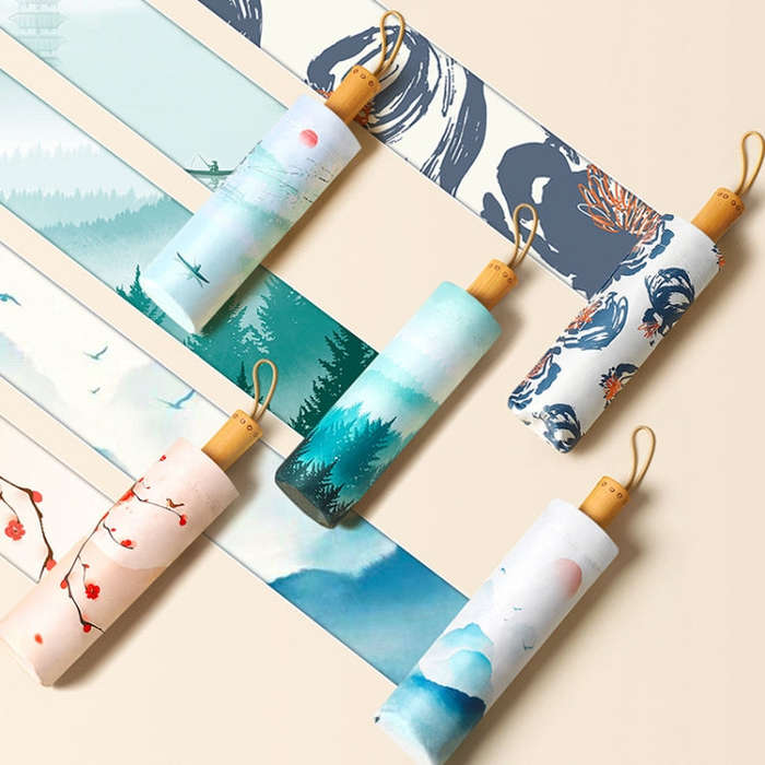 Retro Tri-Fold Wooden Handle 16-Bone Folding Sunscreen Parasol, Yunchun Tree, Sunset Mountains, J...