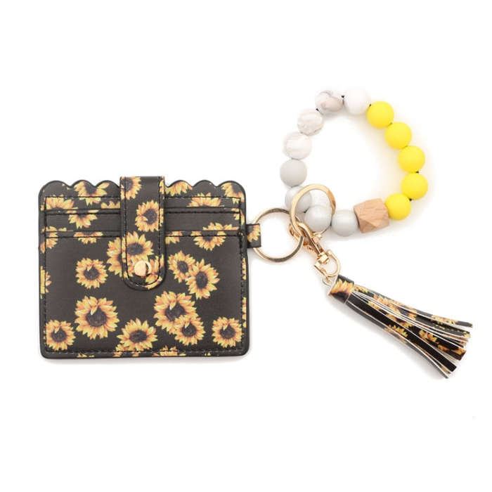 PU Tassel Silicone Bead Bracelet Wallet With Keychain, Sunflower, Yellow Leopard Print, Gray Blue...