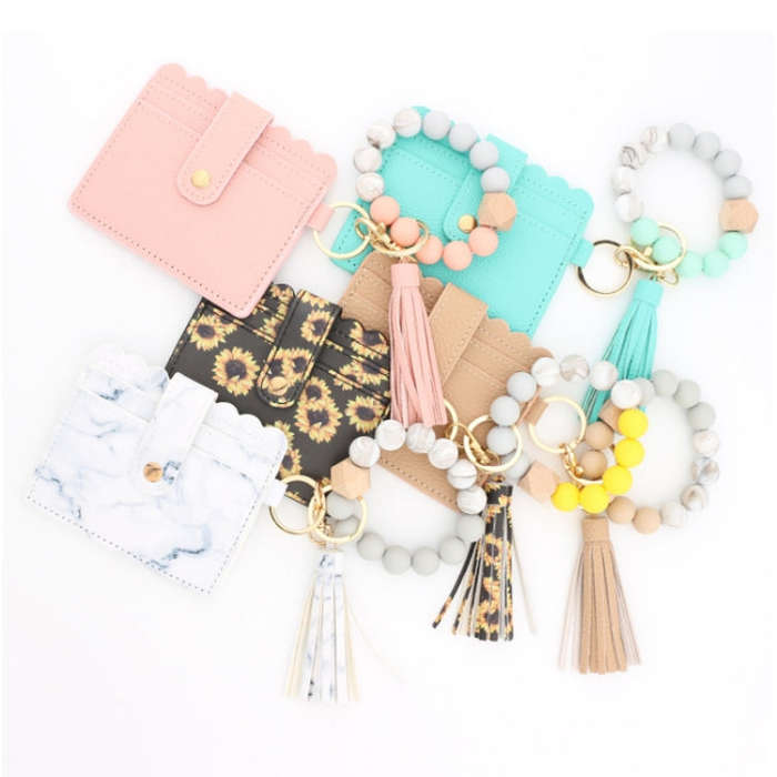 PU Tassel Silicone Bead Bracelet Wallet With Keychain, Sunflower, Yellow Leopard Print, Gray Blue...