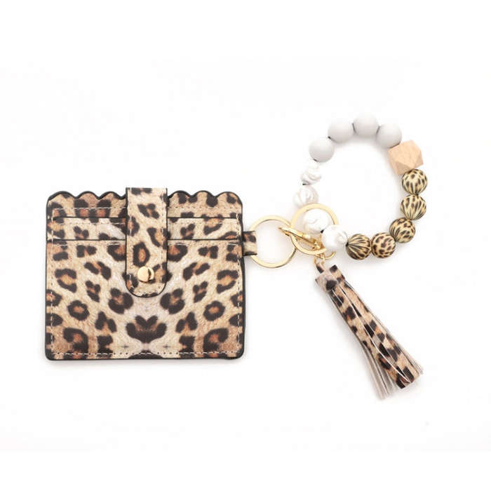 PU Tassel Silicone Bead Bracelet Wallet With Keychain, Sunflower, Yellow Leopard Print, Gray Blue...