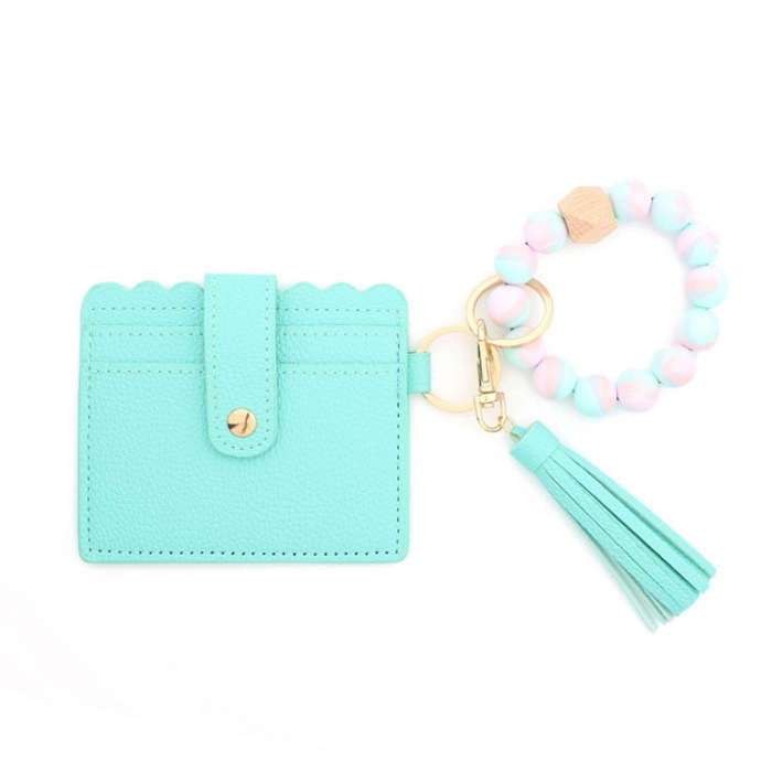 PU Tassel Silicone Bead Bracelet Wallet With Keychain, Sunflower, Yellow Leopard Print, Gray Blue...
