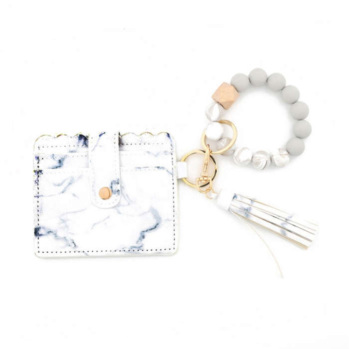 PU Tassel Silicone Bead Bracelet Wallet With Keychain, Sunflower, Yellow Leopard Print, Gray Blue...