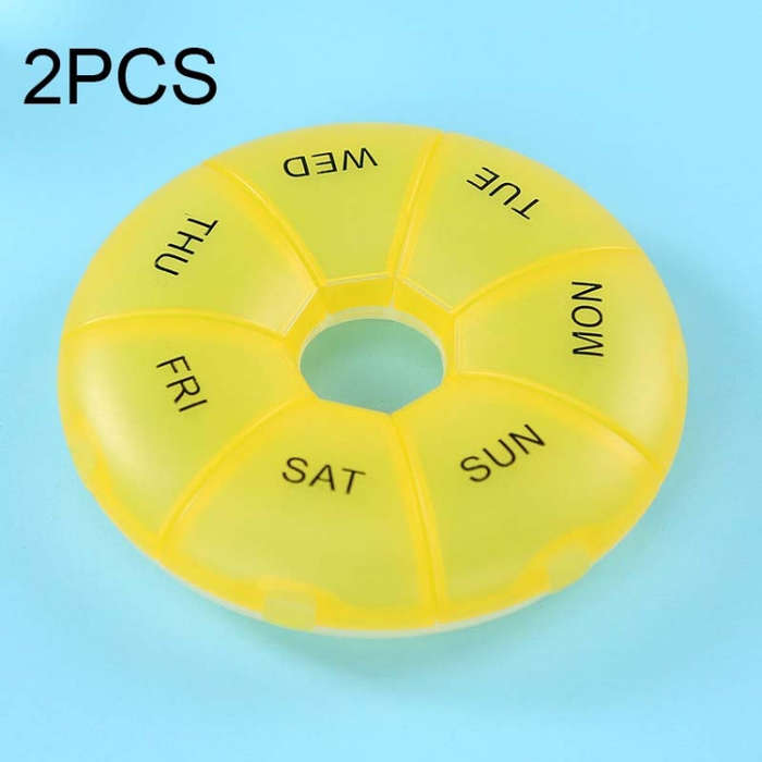 2 PCS Round 7 Days Rainbow Color Portable Pill Box Plastic Seven Grid, Colorful, Black, Light Yel...