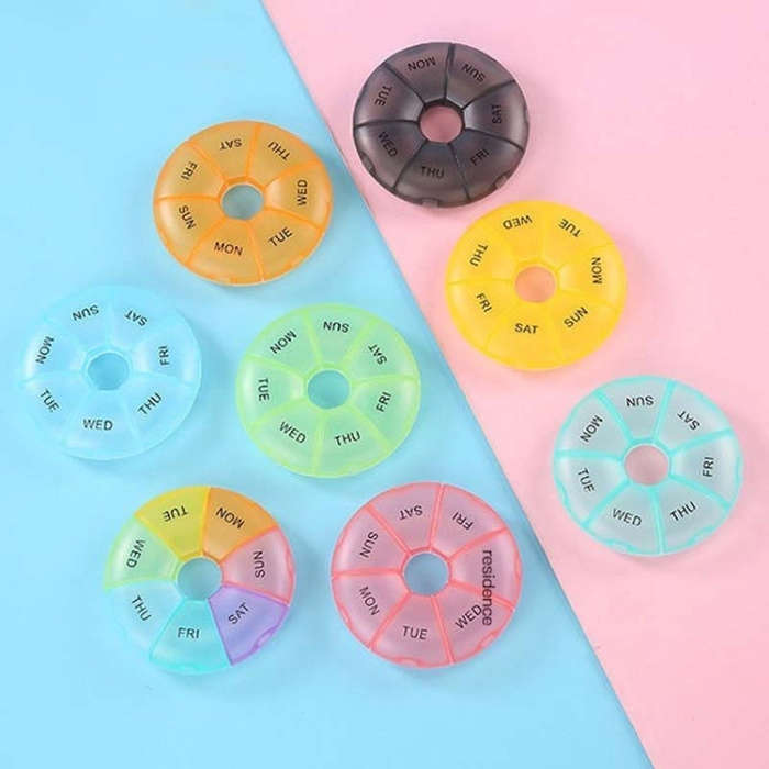 2 PCS Round 7 Days Rainbow Color Portable Pill Box Plastic Seven Grid, Colorful, Black, Light Yel...