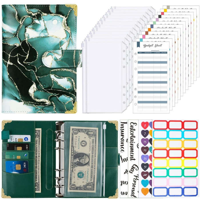A6 Leather Loose-leaf Budget Book Handbook Notepad, Pink, Ink Green, Purple, Blue Gray, Water Blu...