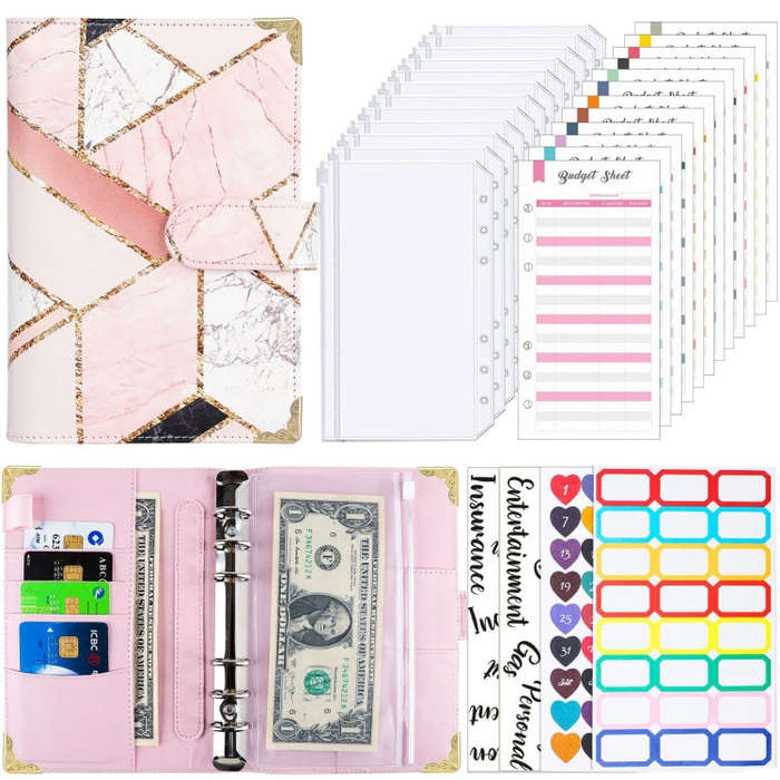 A6 Leather Loose-leaf Budget Book Handbook Notepad, Pink, Ink Green, Purple, Blue Gray, Water Blu...