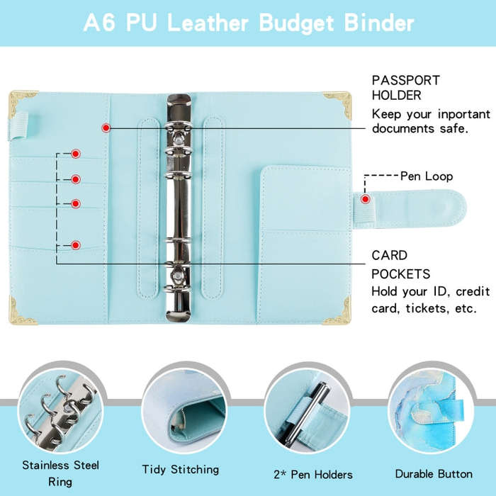 A6 Leather Loose-leaf Budget Book Handbook Notepad, Pink, Ink Green, Purple, Blue Gray, Water Blu...
