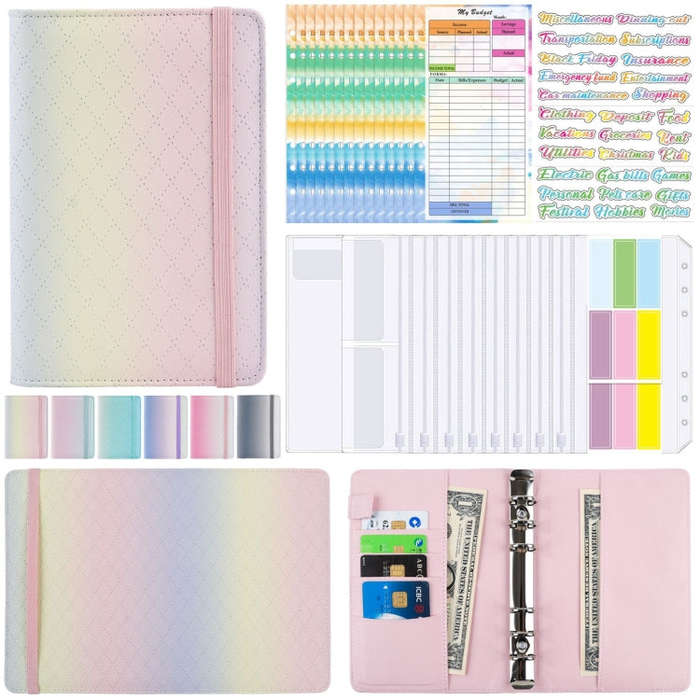 A6 Gradient Macaroon Loose-leaf Handbook Cash Budget Book, Pink Purple Green, Gray White, Yellow ...