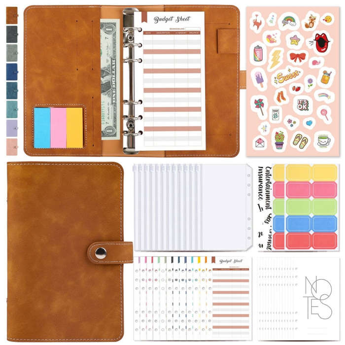 H666 A6 Loose-leaf Binder Cash Budget Handbook Vintage PU Leather Notebook with Window, H666 Taro...