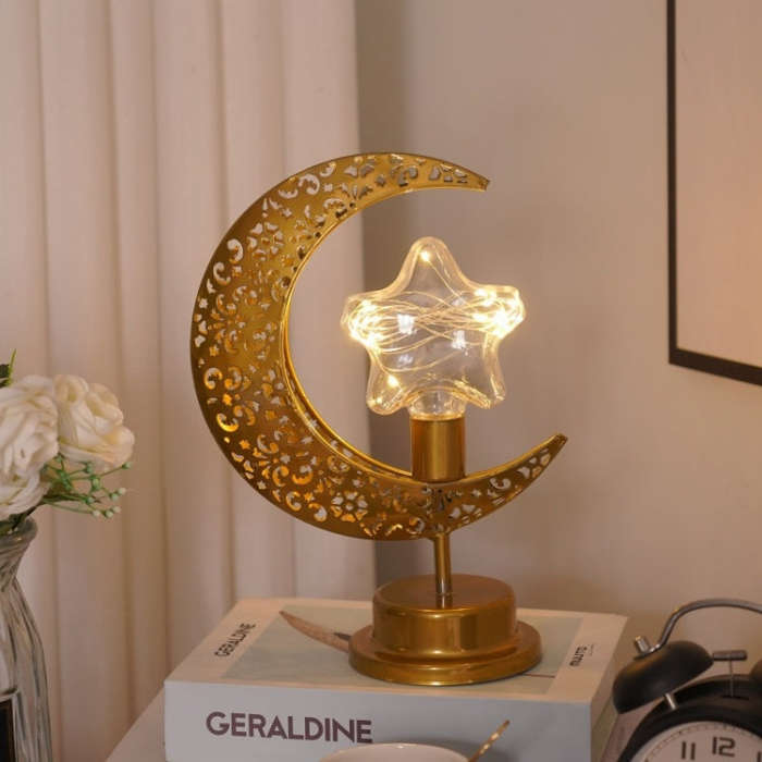 LED Wrought Iron Moon Shape Atmosphere Bedroom Table Lamp, Moon Star, Moon Star With Hook