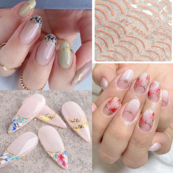 Gold Silver Manicure Stickers Imitation Metal Line Adhesive Nail Stickers, Stz-GS104 Rose Gold, S...