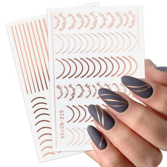 Gold Silver Manicure Stickers Imitation Metal Line Adhesive Nail Stickers, Stz-GS104 Rose Gold, S...