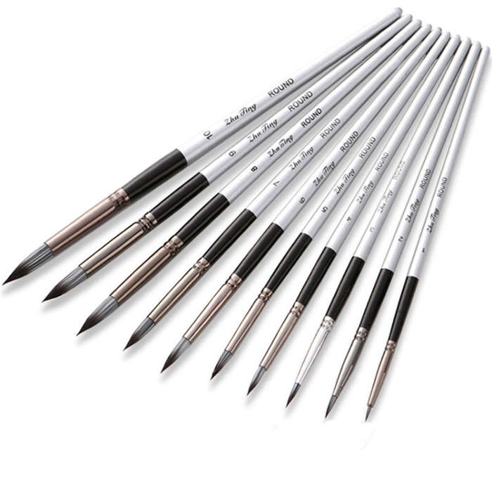 10 In 1 Nylon Hair Watercolor Paint Brush Set Wooden Handle Round Pointed Acrylic Painting Pens, ...