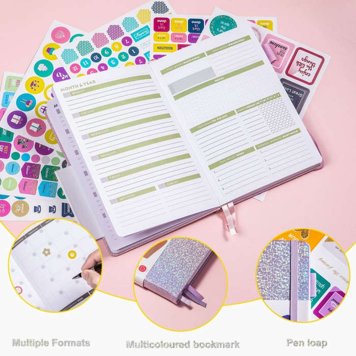 A5 Starry Sky Undated Planner Journal Financial Notebook, Purple, Blue, Gray, Pink, Yellow, Silver