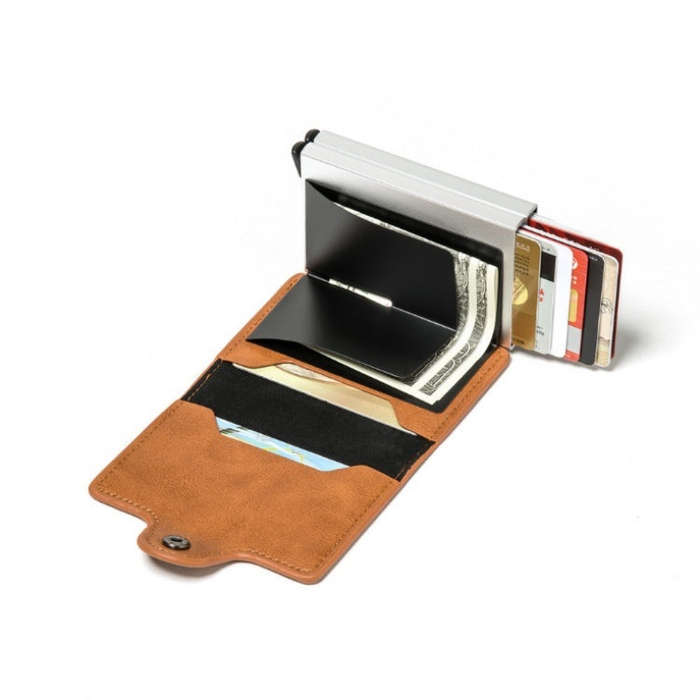 Automatic Pop-up Card Holder Metal Card Box RFID Credit Card Bank Card Box Wallet, GS-AL003 Brown...