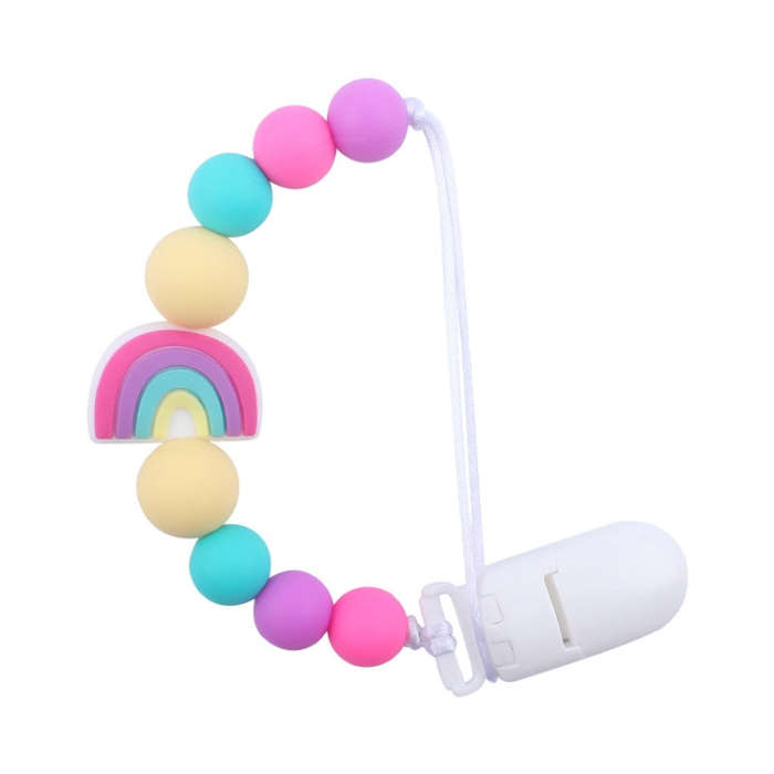 Baby Anti-drop Chain Pacifier Clips Silicone Rainbow Beads Dummy Holder Nipple Clip, Rainbow Pink...