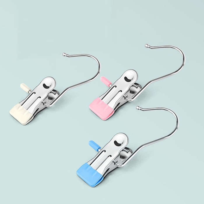 5pcs /Pack Stainless Steel Flat Clip With Hook Anti-Scratch Catch Laundry Drying Holder