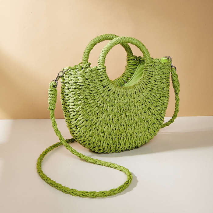 Half-moon Shape Straw Tote Bag Cross-body Woven Beach Single-shoulder Bag, Camel, Beige, Rose Red...
