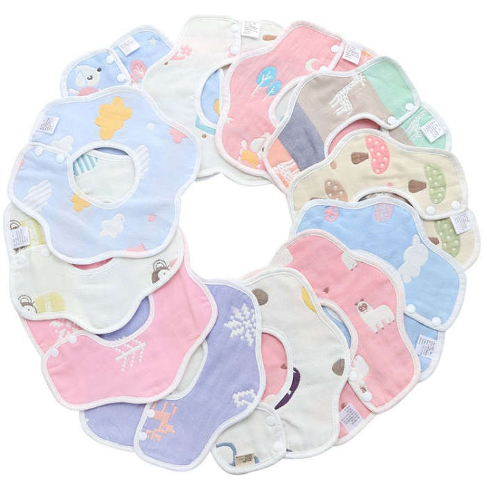 2pcs Dual Sided Newborn Baby Petal Waterproof Bib Six Layers Gauze Cotton Plum Bib, Pork Pink, Pi...