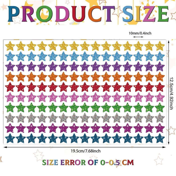 1500pcs / Pack Colorful Glitter Five-pointed Star Stickers Stationery Stickers, 125 x 195mm