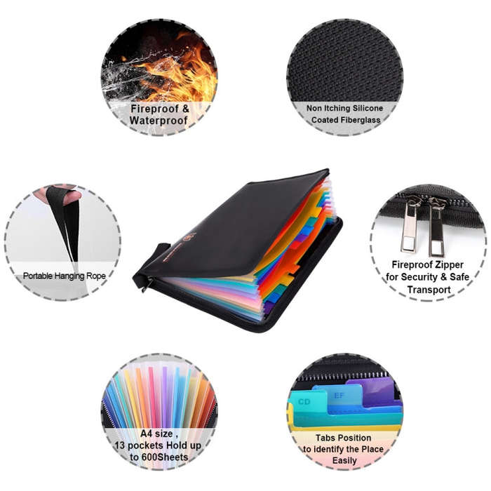 Fireproof Waterproof Accordion File Bag Document Organizer with 13 Pockets A4 Size, Color