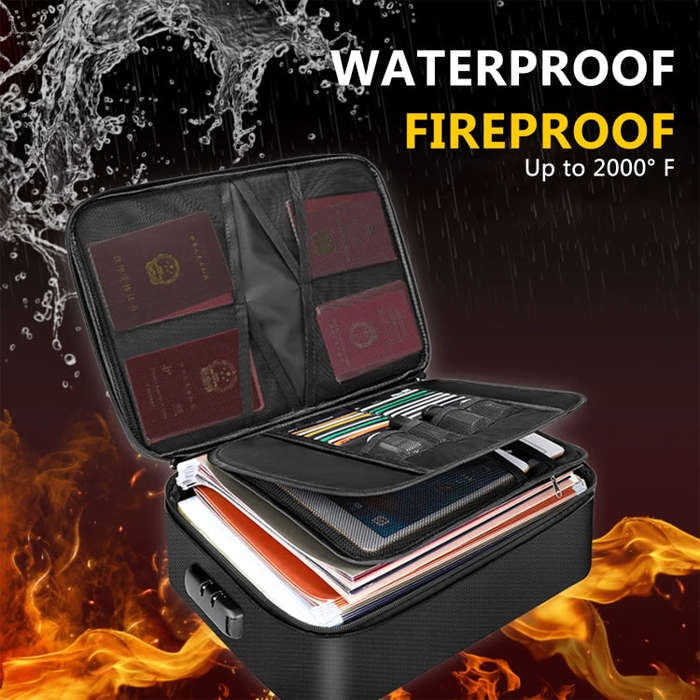 Fireproof and Waterproof Document Storage Bag Handbag with Password Lock, 14.2x10.6x3.9 Inch