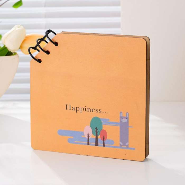 DIY Wooden Square Memorial Album Kids Growth Photo Album Cartoon Photo Book, Best Friends, Happin...