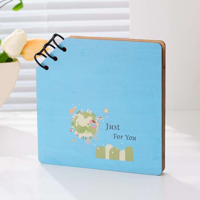 DIY Wooden Square Memorial Album Kids Growth Photo Album Cartoon Photo Book, Best Friends, Happin...