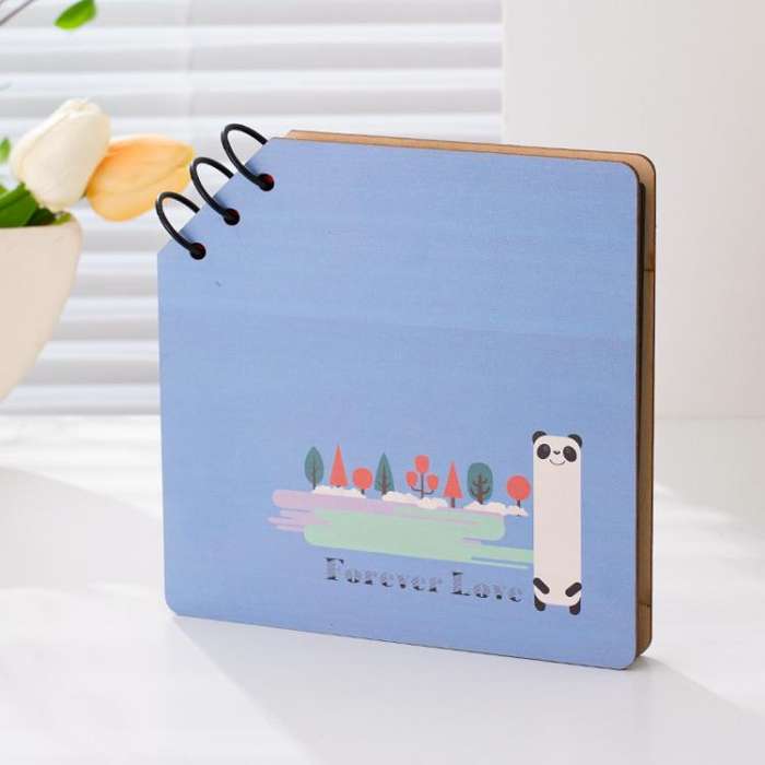 DIY Wooden Square Memorial Album Kids Growth Photo Album Cartoon Photo Book, Best Friends, Happin...