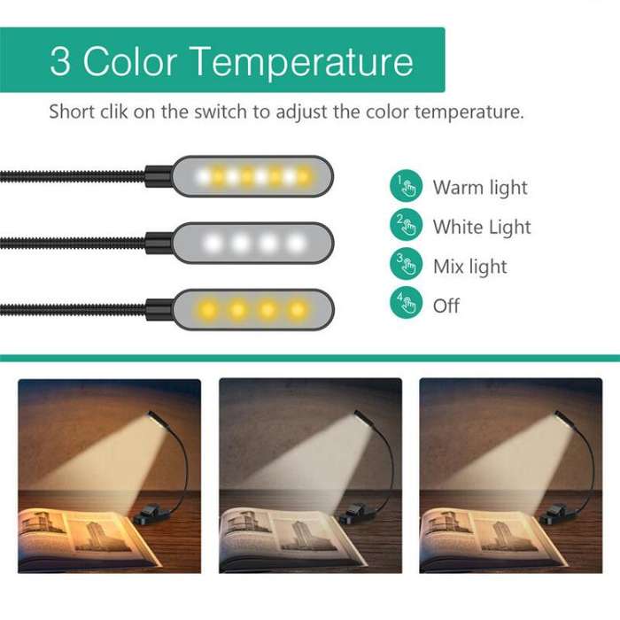 Hose Clip Book Light Night Reading Lamp Adjustable Brightness USB Rechargeable Book Clip Lights, ...