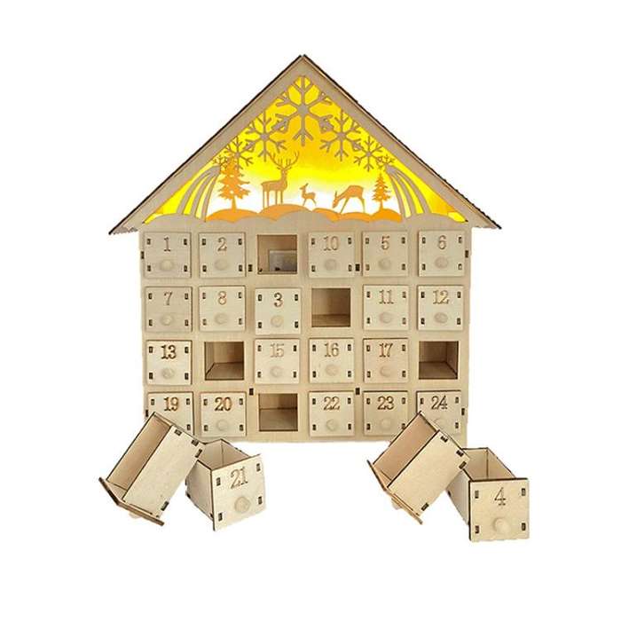Wooden Christmas Decoration LED Lights 24-Day Countdown Calendar Ornament Gift Box, Deer, Jesus