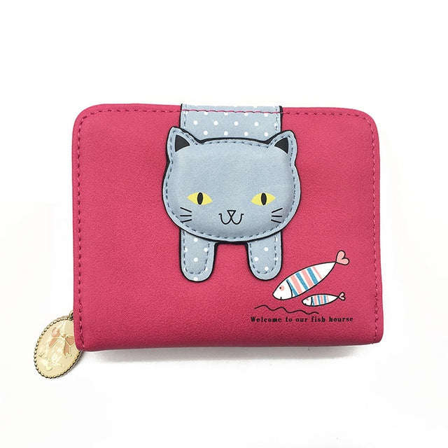 Women Cute Cat Wallet Small Zipper Wallet PU Leather Coin Purse Card Holder, Cat Rose Red, Cat Bl...